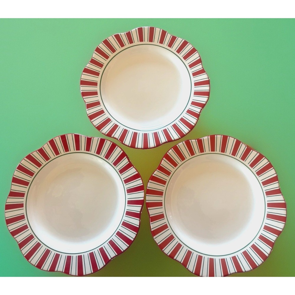 3 Pier 1 One Candy Cane 11" Dinner Plates Scalloped Edge Hand Painted Ironstone